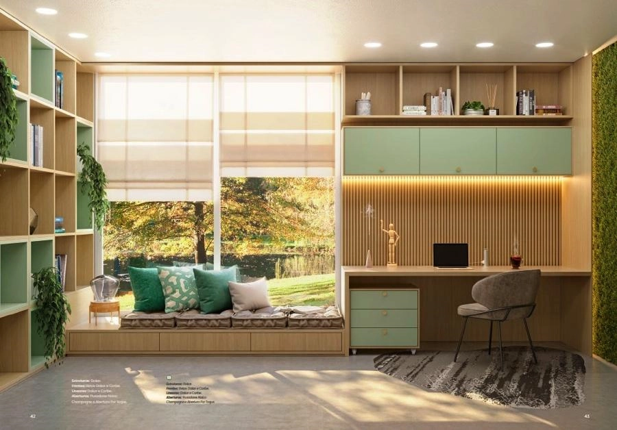 Produtividade e tranquilidade em um ambiente que é dois em um: home office e espaço para relaxar.