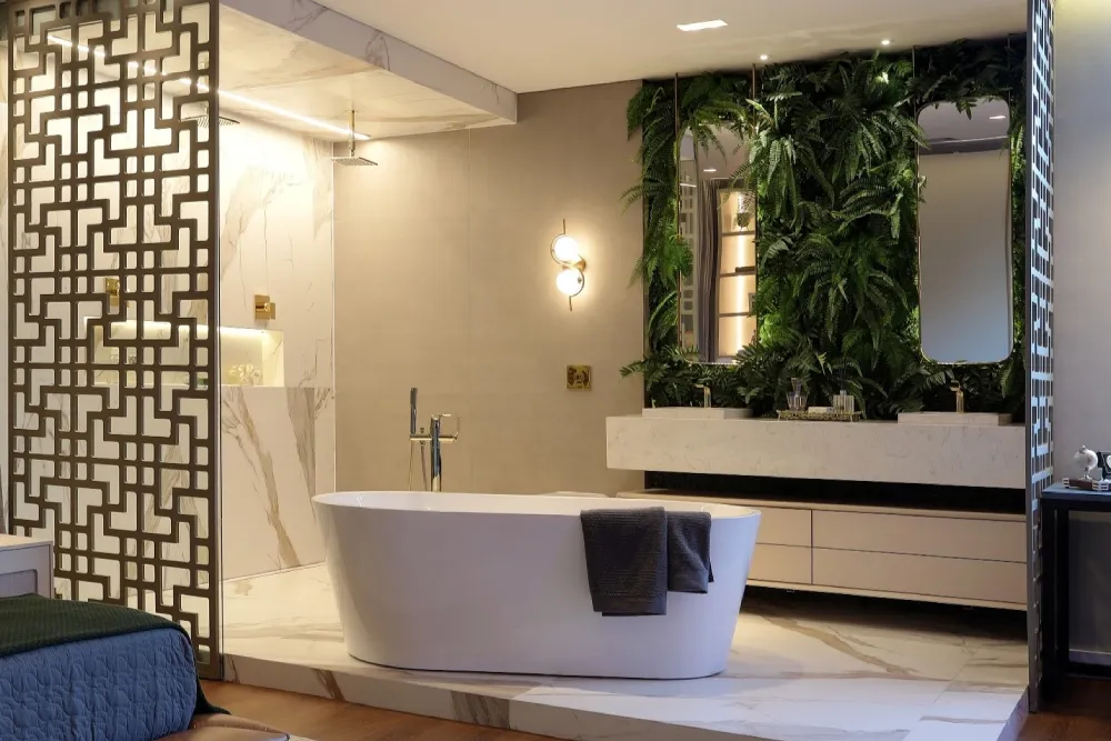 A iluminação é essencial para destacar a beleza do ambiente, combinando luzes diretas e indiretas para criar uma atmosfera agradável