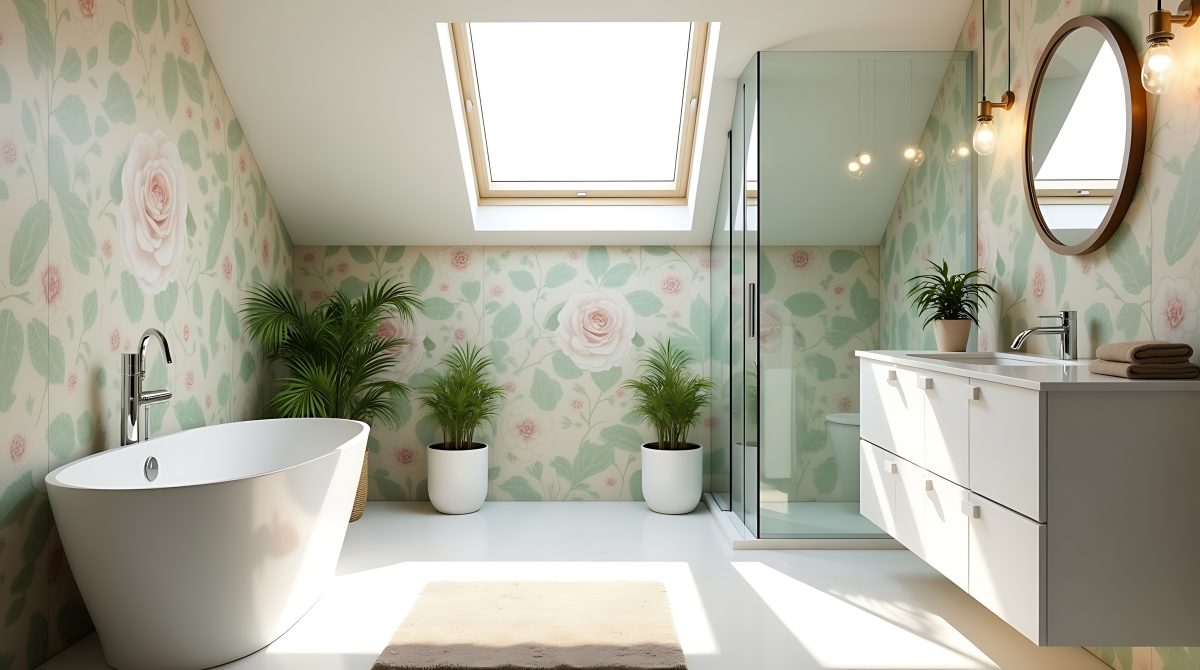 Banheiro com papel de parede com flores
