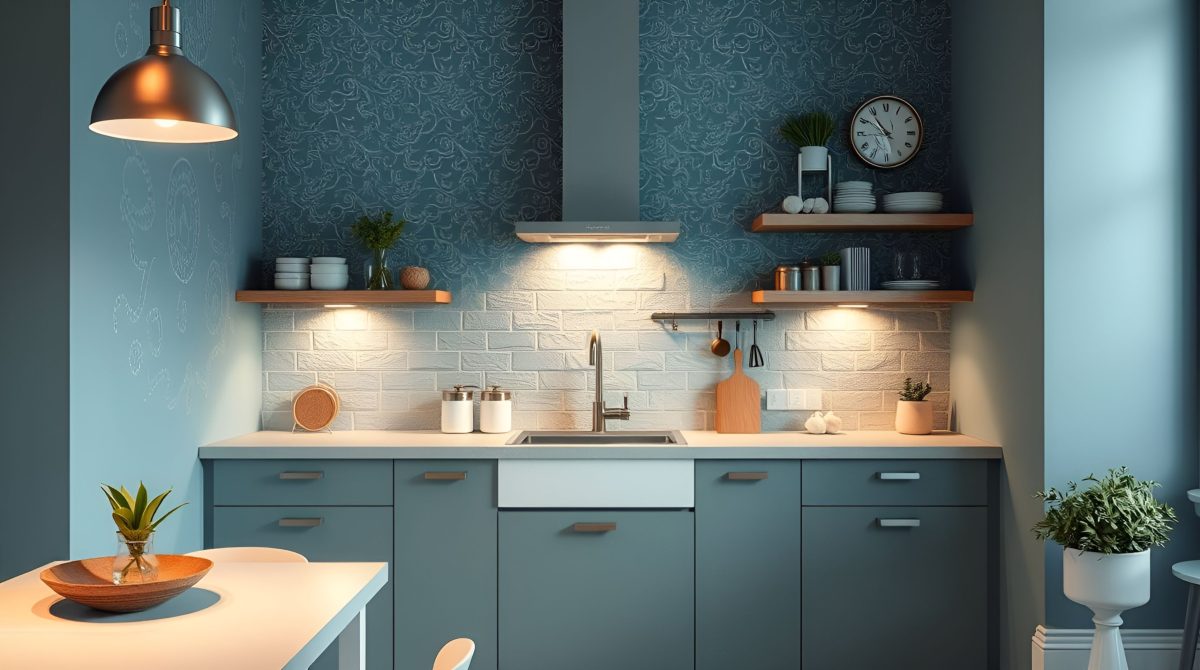 Cozinha com papel de parede em tons azul