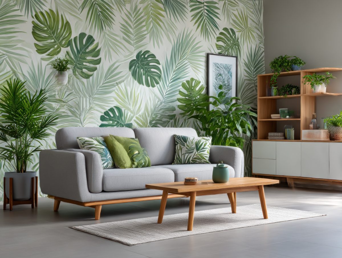 Sala de estar com papel de parede personalizado verde