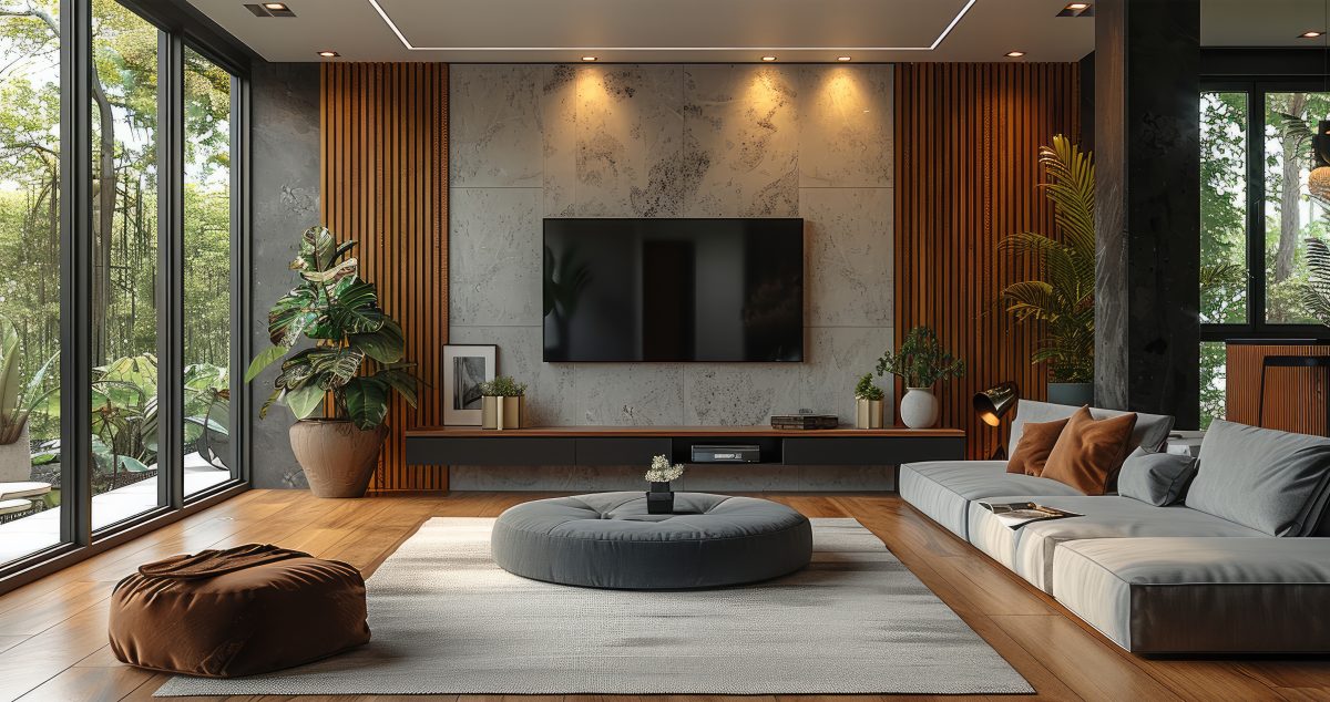 Sala planejada com sofá cinza e painel com tv