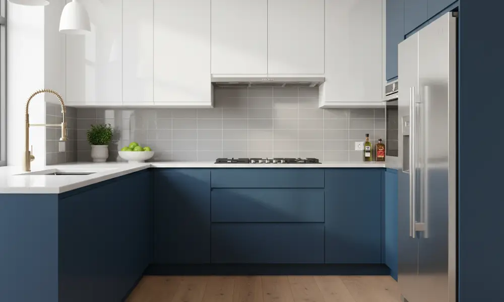 cozinha planejada em tons de azul e branco