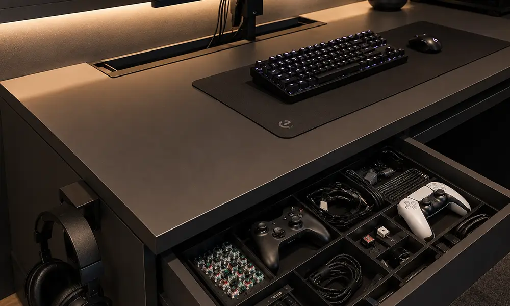 mesa gamer em tons escuros
